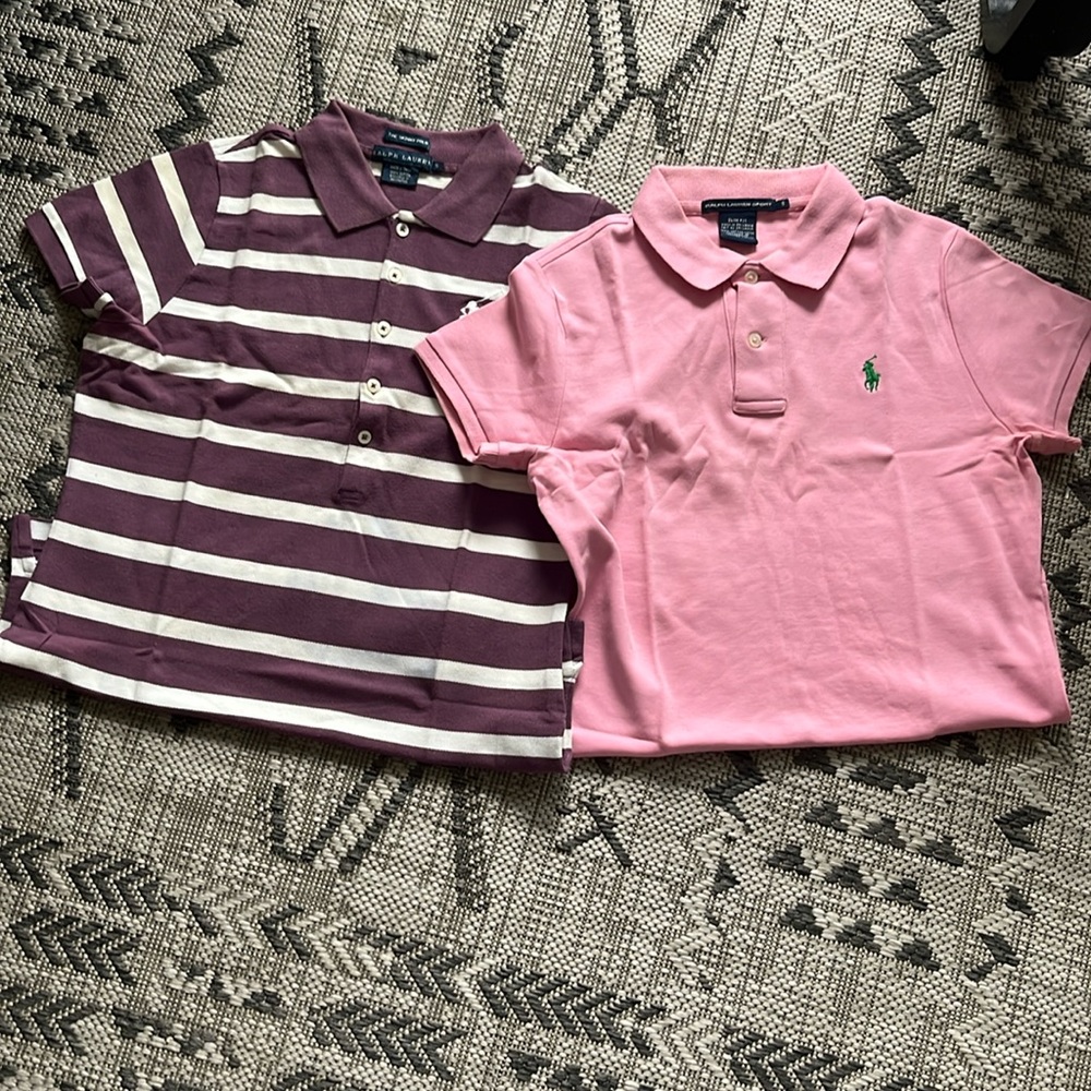 2 polo ralph Lauren. The pink is cotton fabric, the brown is piqué.